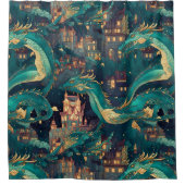 威厳のあるティール(緑がかった色)ドラゴンズアンドヴィレッジ シャワーカーテン (正面)