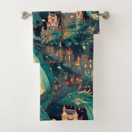 威厳のあるティール（緑がかった色）ドラゴンズアンドヴィレッジ バスタオルセット