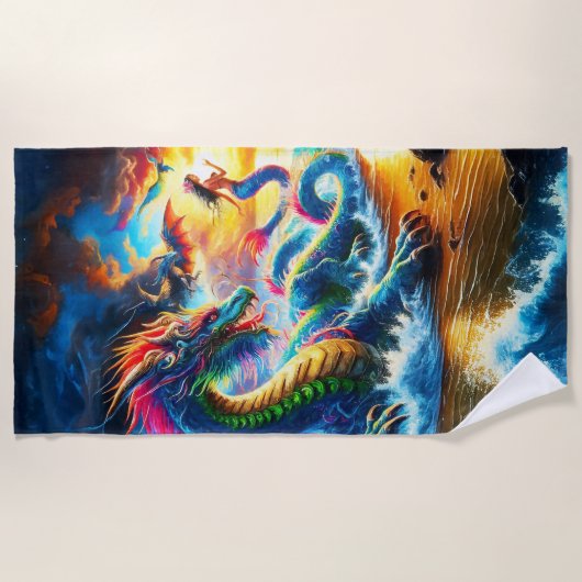 威厳のあるドラゴンと人魚を夕日にビーチ ビーチタオル (正面)