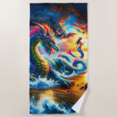 威厳のあるドラゴンと人魚を夕日にビーチ ビーチタオル (正面)