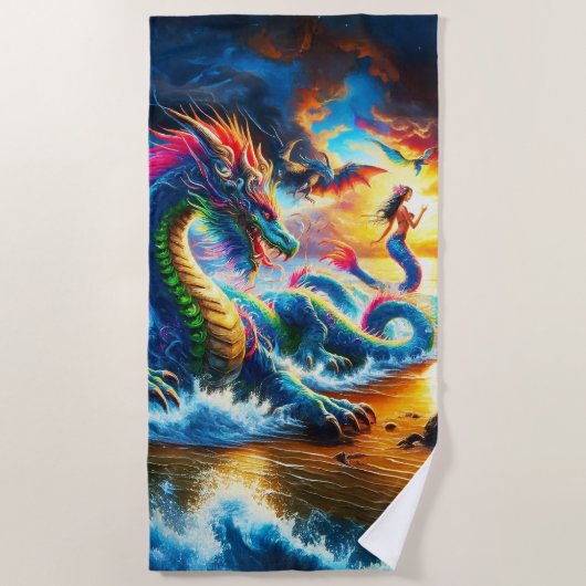 威厳のあるドラゴンと人魚を夕日にビーチ ビーチタオル (正面)