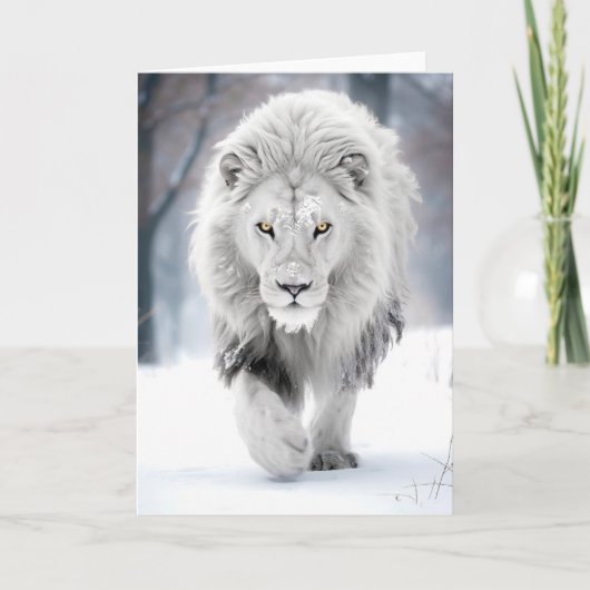 威厳のあるホワイトライオンインウィンターワンダーランドデザイン カード (正面)