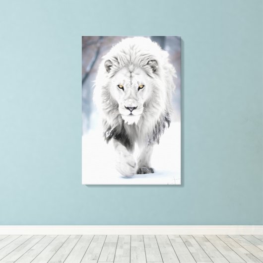 威厳のあるホワイトライオンインウィンターワンダーランドデザイン キャンバスプリント (インサイチュ (ウッドフロア))