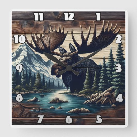 威厳のあるムースバイザマウンテンリバーアットデュスク スクエア壁時計 (正面)