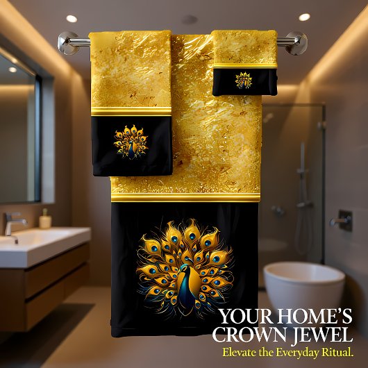 威厳のある孔雀ディスプレイブルーと金ゴールド バスタオルセット