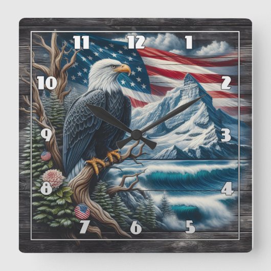 威厳のある山と海を見下ろすイーグル スクエア壁時計 (正面)