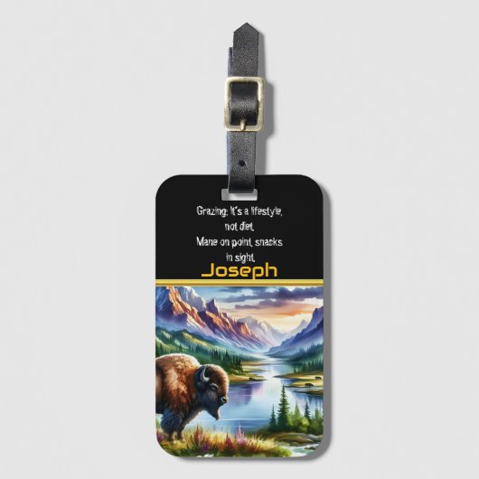 威厳のある水牛の放牧バイザセレネマウンテンレイク ラゲッジタグ (正面縦)