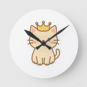 威厳のある王冠の可愛らしい猫 ラウンド壁時計 (正面)