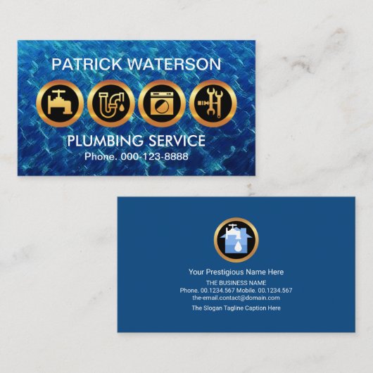 威厳のある金ゴールド配管工のアイコンが浸水した青い水域 名刺 (正面/裏面)