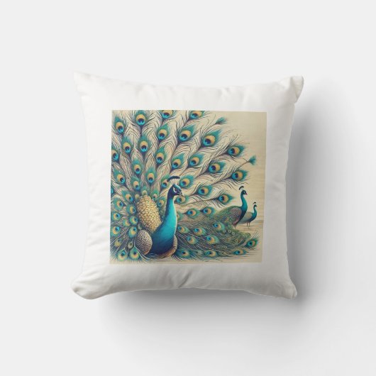 威厳のあるPeacocks - 鮮やか Feather Display枕 クッション (正面)