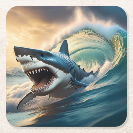 威嚇するサメ スクエアペーパーコースター (正面)