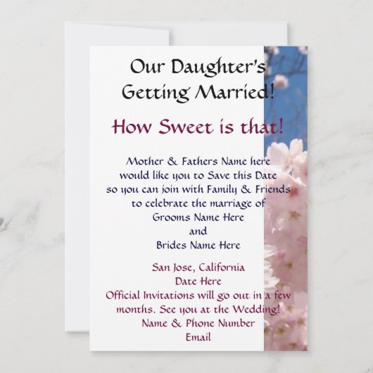 娘が嫁に行く！日付カードの保存 招待状 (裏面)