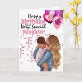 娘のお母さんの子イラストレーションモダン風船 カード (黄色い花)