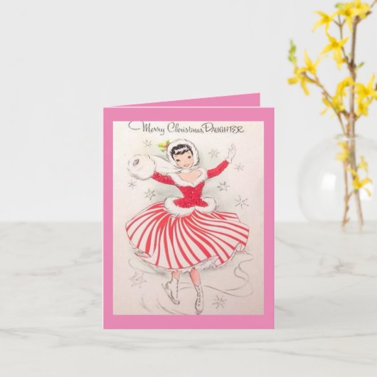 娘のためのヴィンテージクリスマスアイススケートで滑るカード カード (黄色い花)