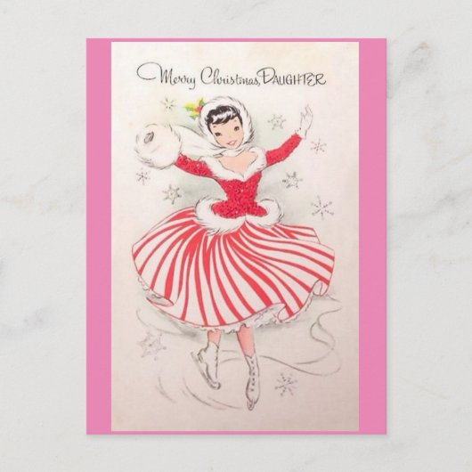 娘のためのヴィンテージクリスマスアイススケートで滑るカード シーズンポストカード (正面)