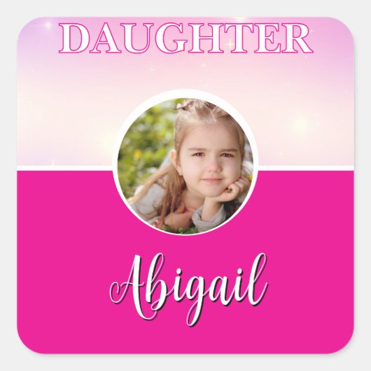 娘のパーソナライズされた写真と名前ホットピンク スクエアシール (正面)