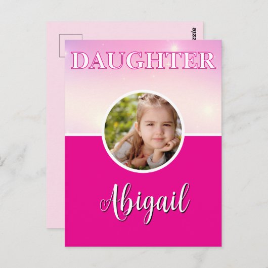 娘のパーソナライズされた写真と名前ホットピンク ポストカード (正面/裏面)