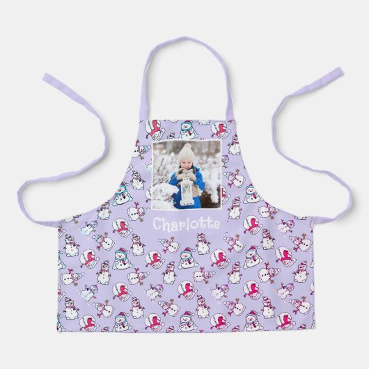 娘の名前リラックの雪だるま柄　娘の写真と名前を追加 エプロン (正面)