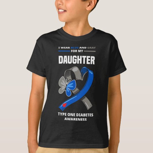 娘の1型糖尿病の為に青と灰色を身に着ける Tシャツ (正面)