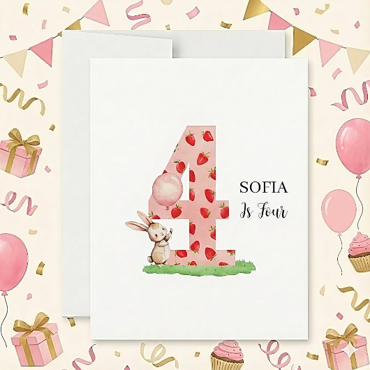 娘へのバニーイラスト入り4歳の誕生日カード カスタムデザイン シーズンカード
