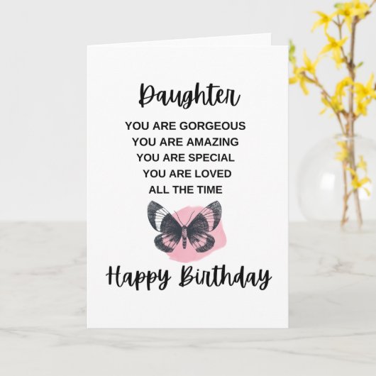 娘への誕生日メッセージを持つ蝶 カード (黄色い花)