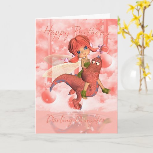 娘カワイイバースデーカードピンクのドラゴンと妖精 カード (黄色い花)