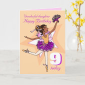 娘ダークヘアバレリーナ誕生日ピーチパープル カード (黄色い花)