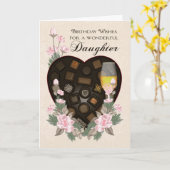 娘チョコレートワインおよび花の誕生日は挨拶します カード (黄色い花)
