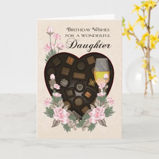 娘チョコレートワインおよび花の誕生日は挨拶します カード (黄色い花)