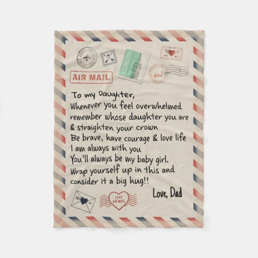 娘パーソナライズされたに送る航空便の手紙 フリースブランケット (正面)