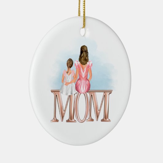 娘パーソナライズされたの茶色の髪のオーナメントを持つ母 セラミックオーナメント (右)