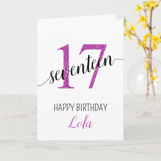 娘17ピンクのグリッター誕生日カード カード (黄色い花)