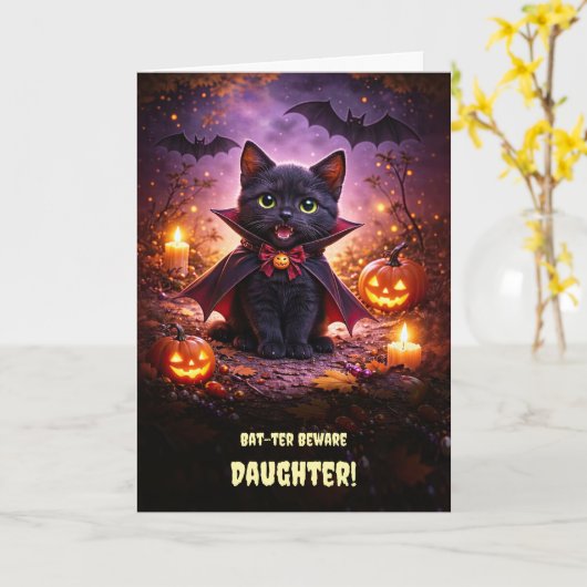 娘 ハッピーハロウィン かわいい子猫 吸血鬼 カード (黄色い花)