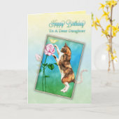 娘、猫とのハッピーバースデーよくはしゃぐ カード (黄色い花)