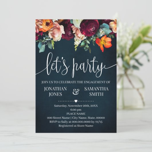 婚約お祝いワインフラワーズネイビー結婚ズ 招待状 (スタンド正面)