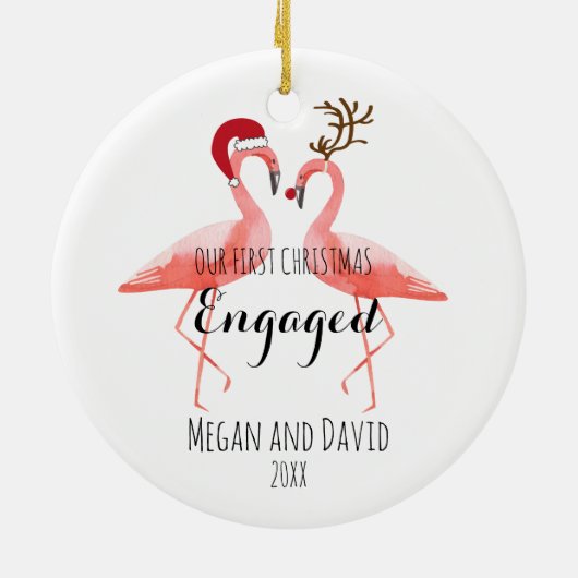 婚約したな初めてのクリスマスか結婚したでおもしろいなフラミンゴ セラミックオーナメント (裏面)