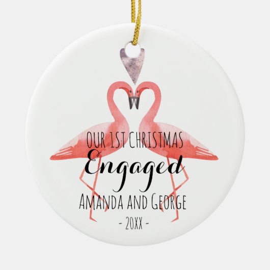 婚約したな初めてのクリスマスか結婚したなフラミンゴ セラミックオーナメント (正面)