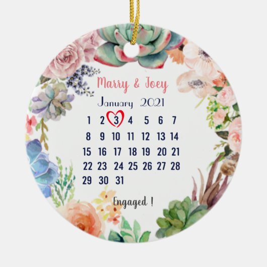 婚約したパーソナライズされた-結婚の日付3/3 セラミックオーナメント (正面)