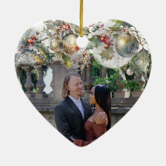 婚約した両面メリーハートカップル写真 セラミックオーナメント (裏面)