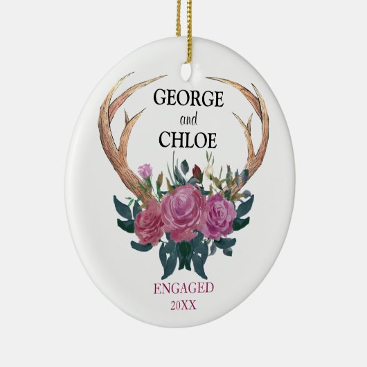 婚約のオーナメント|の枝角の花柄の第1クリスマス セラミックオーナメント (右)