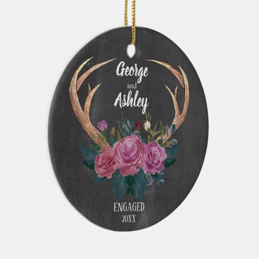 婚約のオーナメント|の枝角の花柄の第1クリスマス セラミックオーナメント (右)