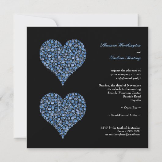婚約の組のばら色のハート黒及び青 招待状 (裏面)