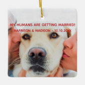 婚約カスタム発表写真犬クリスマス セラミックオーナメント (正面)