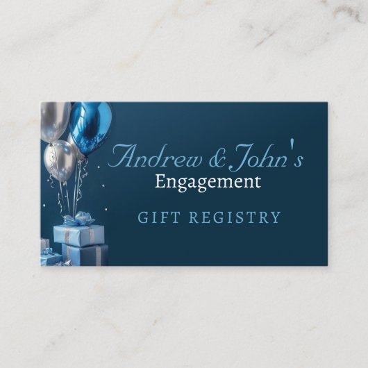 婚約ギフトレジストリの青いバルーン エンクロージャーカード (正面)