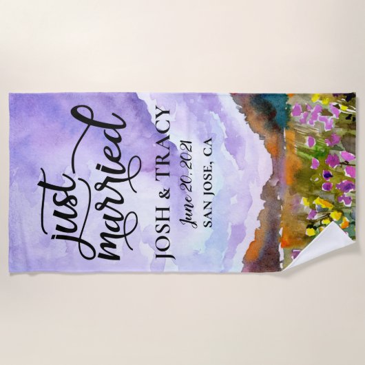 婚約ギフト新郎新婦ギフトたった今結婚しました ビーチタオル (正面)