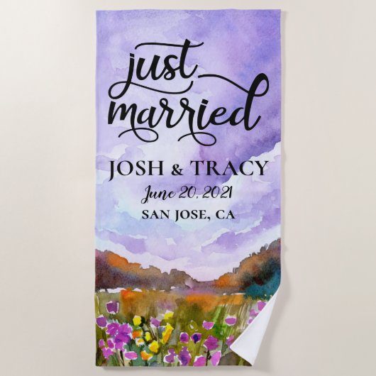 婚約ギフト新郎新婦ギフトたった今結婚しました ビーチタオル (正面)