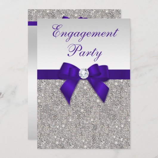 婚約シルバーシークインズ深いパ王室のープルボウ 招待状 (正面/裏面)