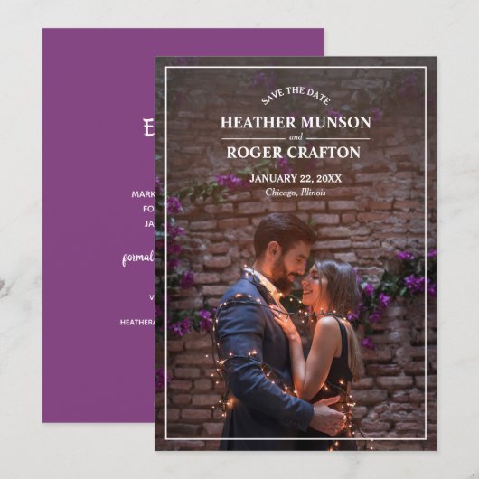 婚約シンプルフォトパープル日付を保存 セーブザデート (正面/裏面)