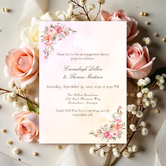 婚約ディナーパーティーコーラルウォーター色花模様 招待状