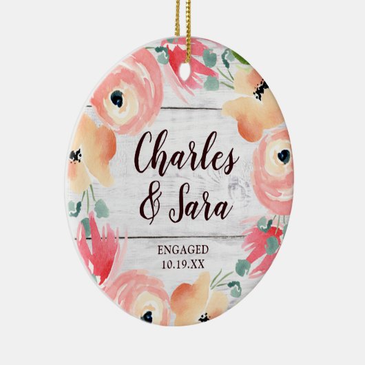 婚約パーソナライズされたファームハウスフローラリース セラミックオーナメント (右)